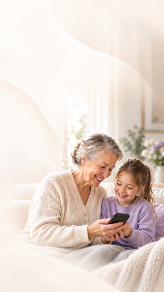 A grandmother and her granddaughter sharing family memories on a phone